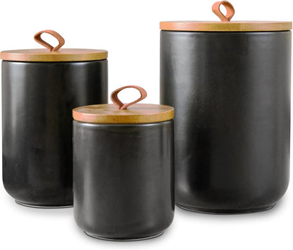 Black Canister Sets for Kitchen, 3pcs Ceramic Canisters with Airtight Wooden Lid, Food Storage Jar, Large Kitchen Storage Containers for Serving Coffee Beans, Tea, Sugar, Salt, Spices