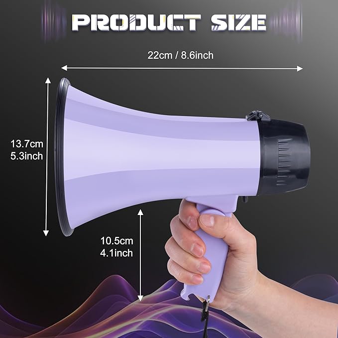 MyMealivos Portable Megaphone Bullhorn 20 Watt Power Megaphone Speaker Voice and Siren/Alarm Modes with Volume Control and Strap (Purple)