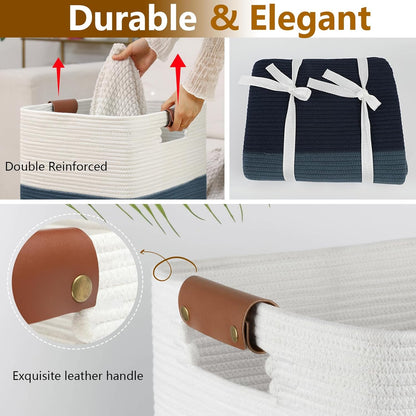 Laundry Hamper 96L Extra Large Laundry Basket, Woven Blanket Basket, Cotton Woven Storage Hamper with Handles for Living Room, Large Baskets for Pillows, Blankets, Clothes-Gradient Blue