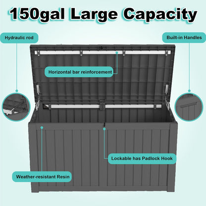 150Gal Outdoor Deck Box Waterproof, Lager Patio Storage Box Indoor and Outdoor Use, Lockable Resin Storage Bin for Patio Furniture Cushions Garden Tools, Package Delivery,UV Resistant-Black