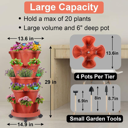 DUNCHATY Stackable Planter, Vertical Strawberry Planter with Garen Tool Set, Self Watering Garden Planter Indoor/Outdoor 5 Tier Herb Planter Pots for Growing Vegetables and Succulents, Clay Red