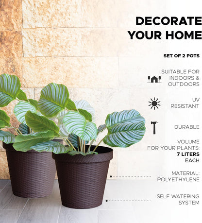 Elly Décor Set of 2 10 inch Round Saucer Modern Self Watering Planter Plates, Pots with Rattan-Like Finish, 10x10 chococlate Brown
