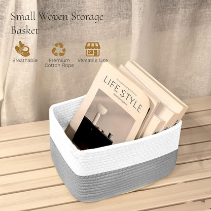 Hopegiver Woven Storage Baskets 11x8x7 Inch, 3 Pack Collapsible Cube Storage Bin for Shelves - Foldable Cotton Rope Organizer Bins for Towels, Toys, Books, Closet, Nursery (White Gray)
