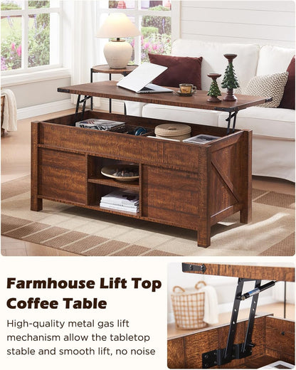 OKD 48" Farmhouse Lift Top Coffee Table with Sliding Barn Door,Rustic Center Table with Hidden Storage Compartment,Lifting Tabletop and Adjustable Shelf for Living Room,Office,Reclaimed Barnwood