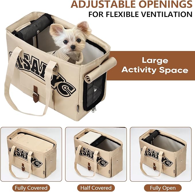 Dog Purse Carrier for Small Dogs, Cats and Puppies – Soft-Sided Foldable Pet Travel Bag with Multi Pockets, 3-Sided Mesh & Rollable Cover for Nervous Cats, Fits Pets up to 15 lbs (Beige)