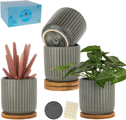 TAMAYKIM 4 Inch Cylinder Ceramic Plant Pots with Drainage Holes & Saucers, Glazed Green Grey Small Boho Planters with Trays for Indoor Flower, Snake Plants, Succulent, Cactus, Set of 4