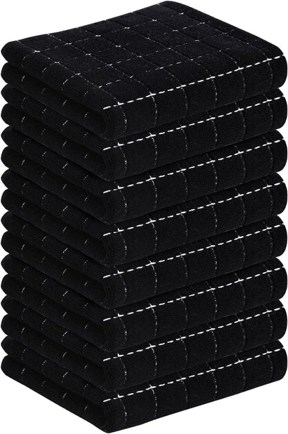 Homaxy 100% Cotton Terry Kitchen Towels(Black, 13 x 28 inches), Checkered Designed, Soft and Super Absorbent Dish Towels, 8 Pack