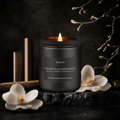 Magnolia & Sandalwood Candle | Masculine Candle - Candles for Men, Soy Candles for Home Scented, Manly Scented Decor for Home - Gifts for Men, 7oz Black Jar, Long Lasting