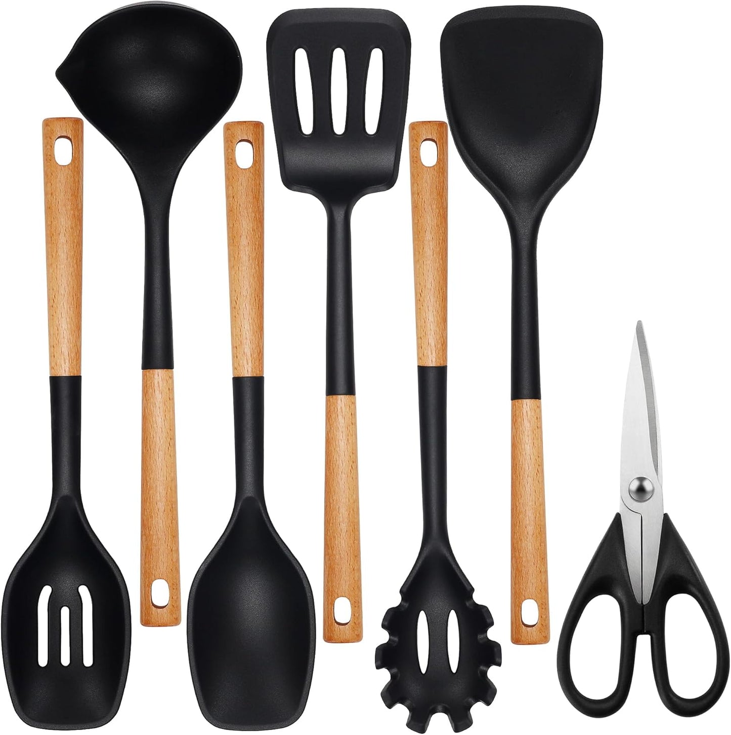 QMVESS Silicone Cooking Utensils Set, Kitchen Utensils Set 7 Pcs with Long Wooden Handle, Food Grade and Heat Resistant Large Silicone Spatula Set for Nonstick Cookware, BPA Free（Black）