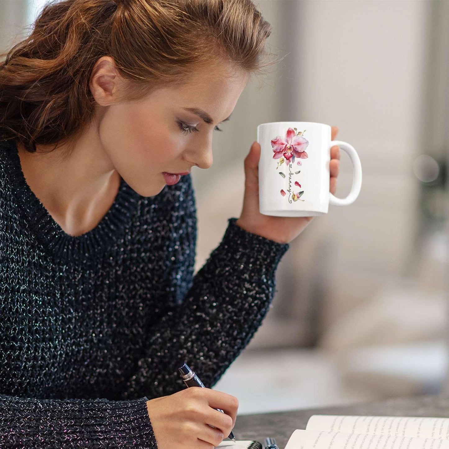 Novelty Coffee Cup With Orchid Design, Personalized Name Flower Accent Mug, Custom Orchid Flower Ceramic Cup 11oz 15oz, Customized Flower Lover Mug, Gift For Family Member
