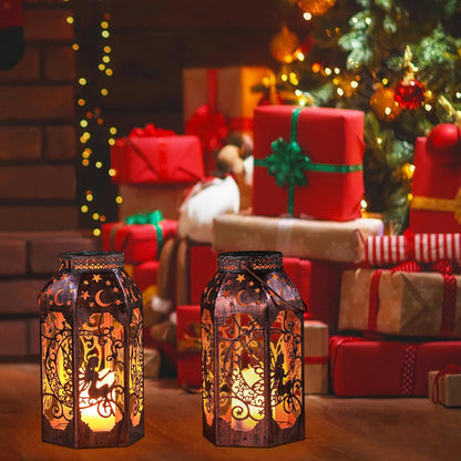 Solar Lanterns Outdoor Garden Hanging Lantern Waterproof LED Metal Bronze Moon Fairy Lantern Waterproof Flickering Flameless Candle Mission Lights for Table,Patio,Mother's Day Gift(2Pack)