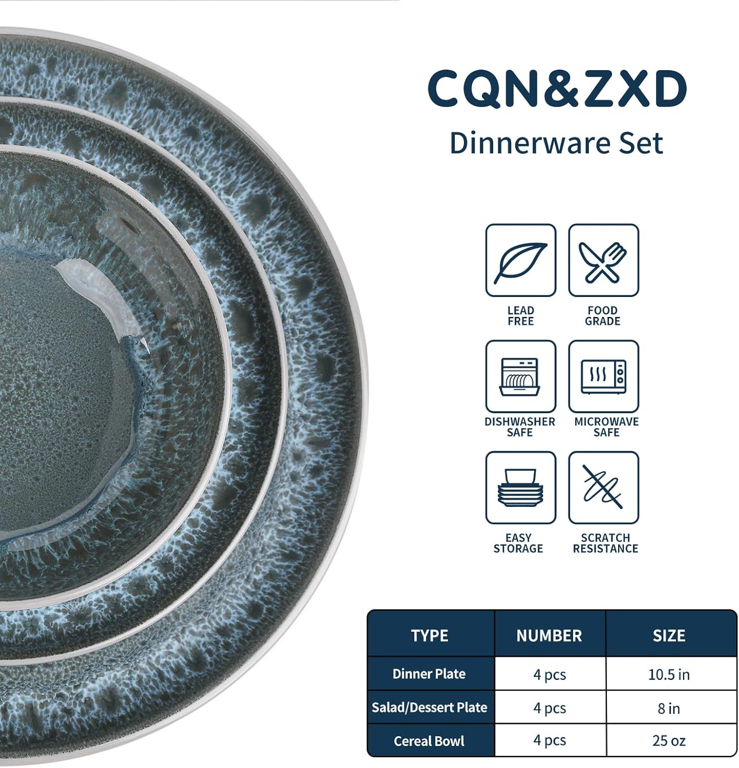 CQN&ZXD Ceramic Plates and Bowls Sets, 12 Pieces, Hand-Crafted Dishes set for 4 with Flowing Reactive-Glaze, Microwave & Dishwasher Safe Dinnerware Sets, Modern Style, Elegant Grey & Wave Blue