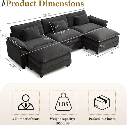 URRED Modular Sectional Sofa Comfy Cloud Couch, Modern Velvet Sofa Sleeper Deep Seat Couches with Ottoman/Pillows for Living Room (Dark Gray, 117'' - U Shape)