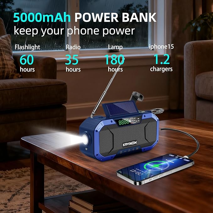 Hand Crank Emergency Weather Radio Solar Power with AM FM NOAA,Wind Up Flashlight,Cell Phone Charger, 5000mAh Rechargeable Battery,SOS Alarm,Portable,Waterproof,for Survival,Storm and Power Outage