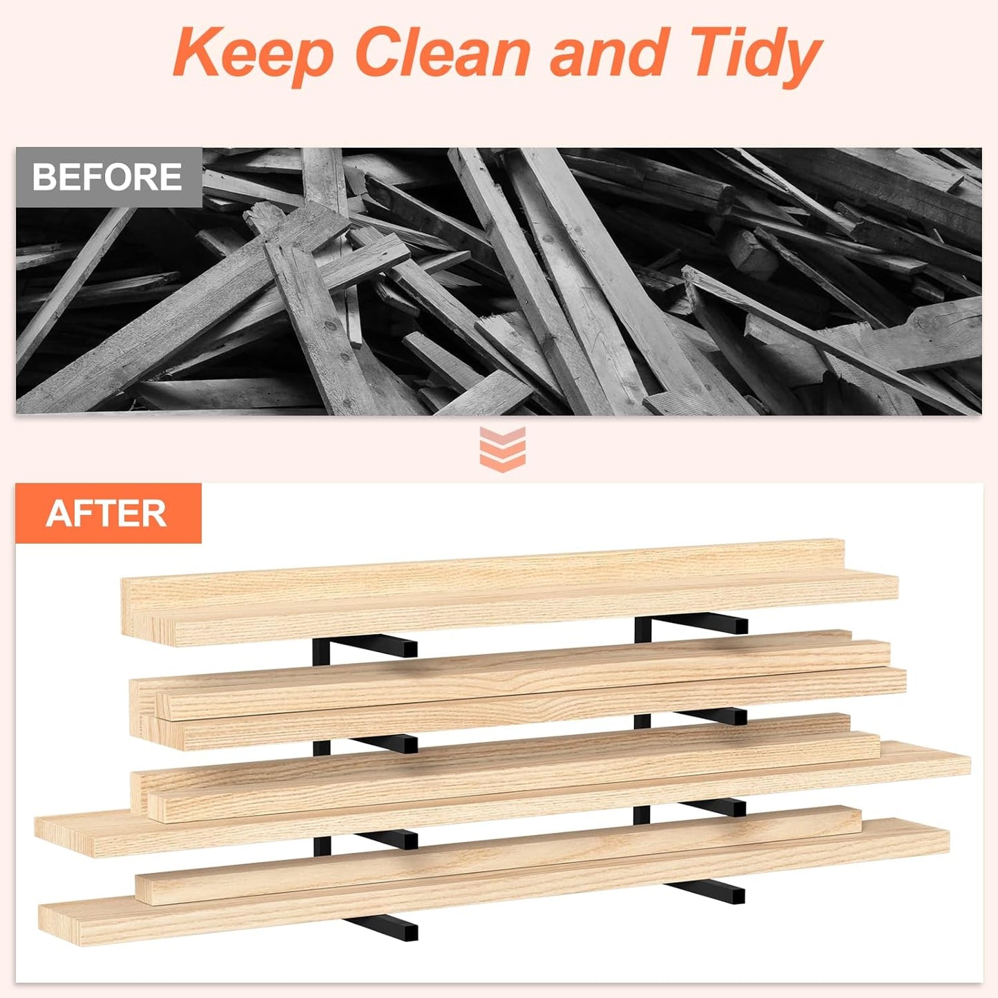 NANANARDOSO Wall Mount Wood Organizer and Lumber Storage,Heavy Duty Metal Shelf with 4-Level,Lumber Metal Racks for Indoor and Outdoor Use,2 Pack