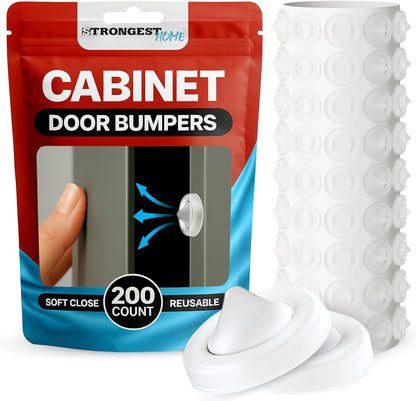 Strongest Home Cabinet Door Bumpers – 200 Pack White Rubber Bumpers Self-Adhesive for Cabinets, Drawers & Furniture – Soft Cabinet Stoppers for Quiet Close & Surface Protection – 0.5" x 0.2"