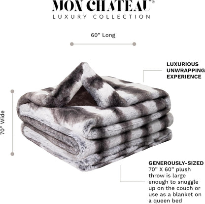 Mon Chateau Luxury Printed Faux Fur Throw with 6cm Foldover for Couch, Sofa, or Bed - Plush Ultra Soft Blanket for Sleeping or Home Décor, 60" x 70" (Striped)
