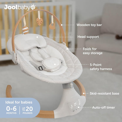 Jool Baby Nova Swing for Newborns - Electric Motorized Infant Swing, Bluetooth Music, 10 Preset Melodies, Remote (2025 Model) (Wood/Oatmeal)