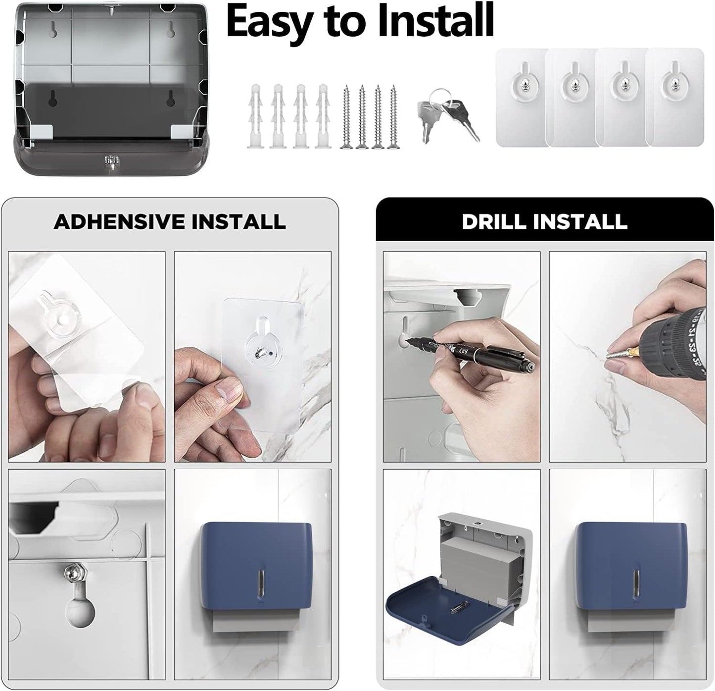 Paper Towel Dispenser Wall Mount,Capacity 200+ Sheets ZFold Tri Fold Blue Adhesive No Drilling or Screws Installation for Home Toilet