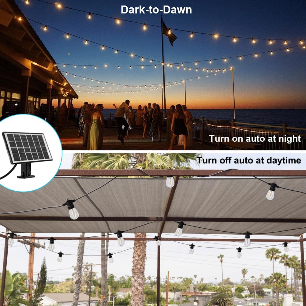SUNTHIN Outdoor Solar String Lights, 48ft Solar Patio Lights with USB Rechargeable, Waterproof & Shatterproof Solar Powered Bulbs for Yard, Porch, Garden, Pool, Party, Camping