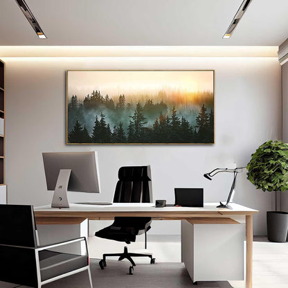 Living Room Wall Art Sunrise Misty Forest 24"x48" Modern Home Wall Decor Plants Wall Decorations Framed Artwork for Bedroom Dining Room Office Hotel