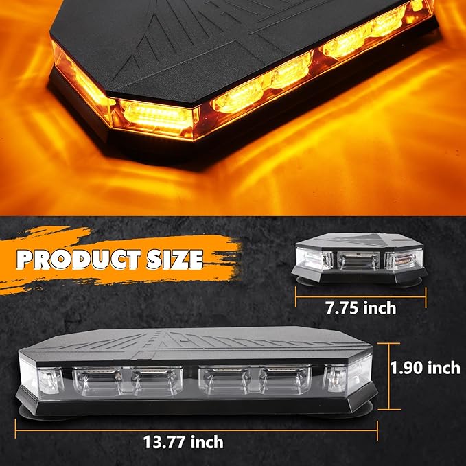 14 Inch 20 Modes 102LED Rooftop Magnetic Strobe Lights, Emergency Traffic Warning Flashing Beacon Light Bar with Controller for Trucks, Cars, Vehicles and Snowplows, Amber/White