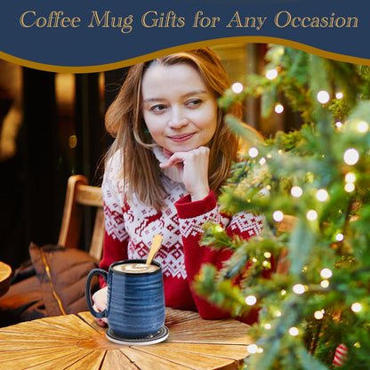 Hasense Coffee Mugs Set of 2, 12oz Ceramic Glazed Mugs with Handles, Blue Reactive Glazes Tea Cups Gift Set for Men and Women, Includes Gold Spoon & Coaster