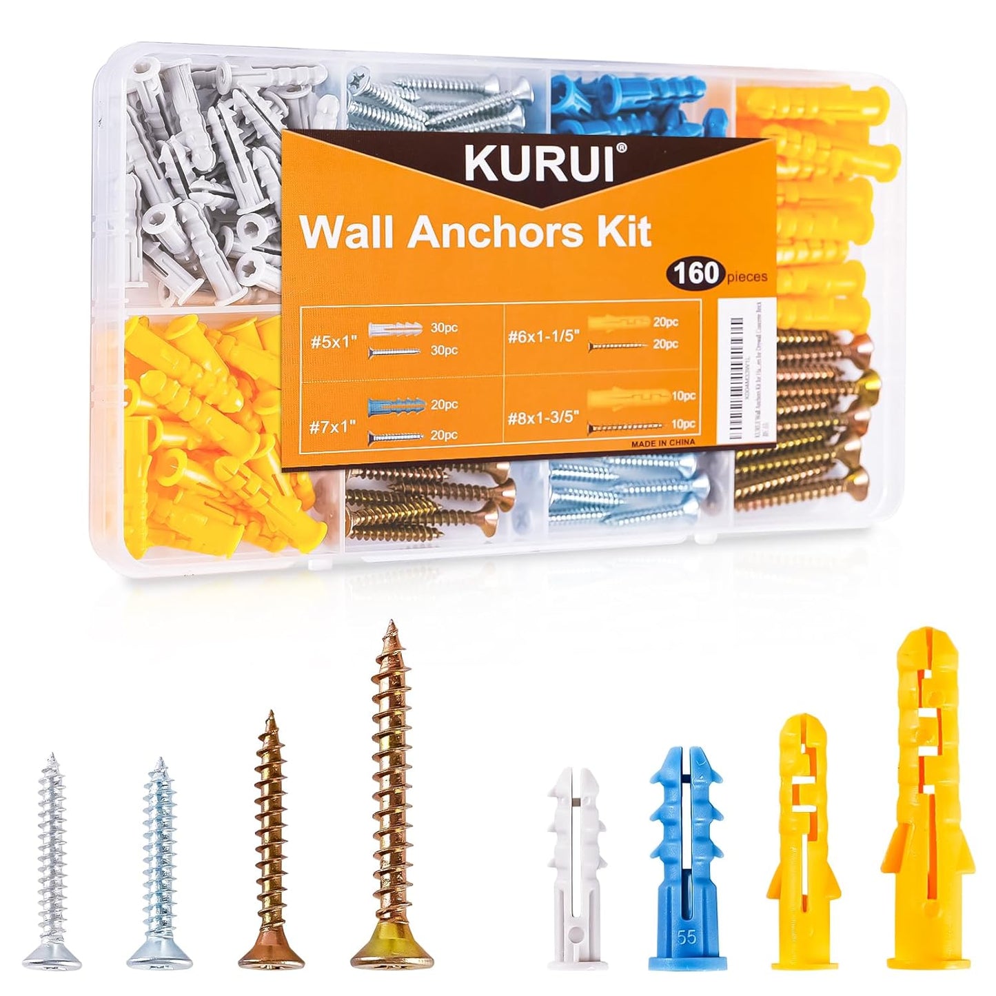 KURUI Wall Anchors Kit for Hanging Wall Art Decor, 160Pcs Drywall Anchors Assortment Kit for Frame Shelf Decorations, Plant Hooks, 135 Screws and 135 Plugs, Picture Hangers for Drywall Concrete Brick