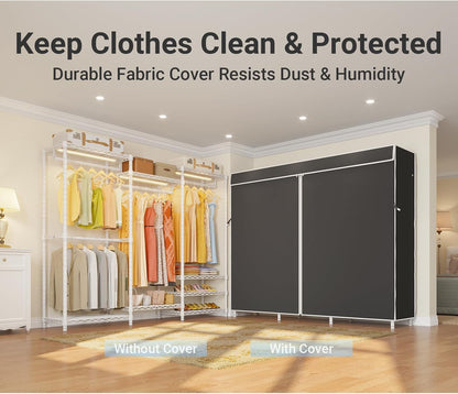 VIPEK V5LC Garment Rack Heavy Duty Covered Clothes Racks with Dimmable LED Light, 3000K Warm White, Portable Closet Wardrobe Freestanding Clothing Rack for Hanging Clothes, White Rack with Black Cover