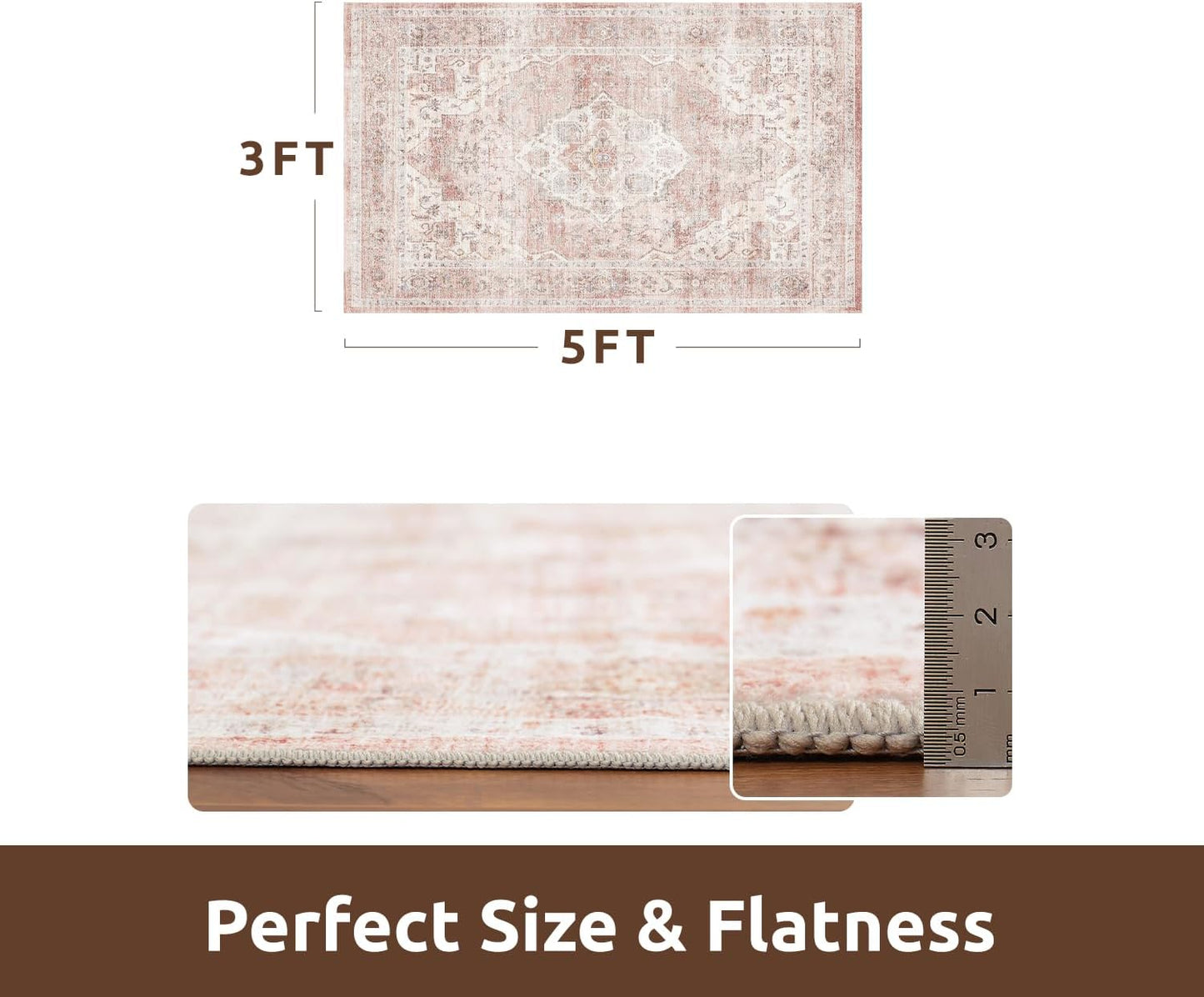 AMOAMI-3X5 Area Rug-Soft Washable Vintage Throw Accent Rugs for Living Room, Entryway, Bedroom, Kitchen, Bathroom, Laundry Room, Kitchen, Bathroom, Bedside, No Slip Pink