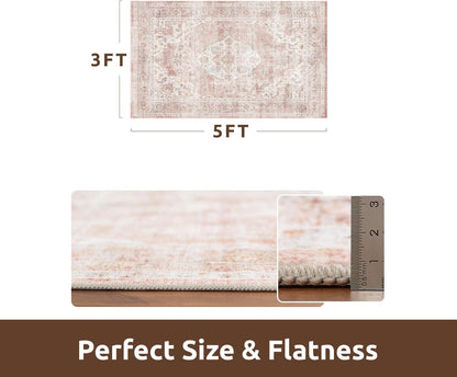 AMOAMI-3X5 Area Rug-Soft Washable Vintage Throw Accent Rugs for Living Room, Entryway, Bedroom, Kitchen, Bathroom, Laundry Room, Kitchen, Bathroom, Bedside, No Slip Pink
