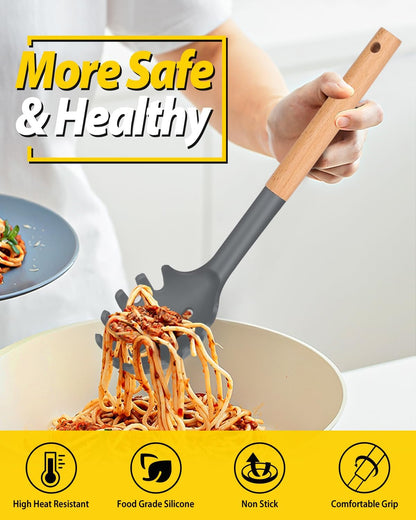 Silicone Pasta Fork and Ladle Spoon Set with Wooden Handle, Heat Resistant Non Stick Kitchen Utensils for Cooking, Stirring, Serving Spaghetti, Soup, Sauce(GRAY)