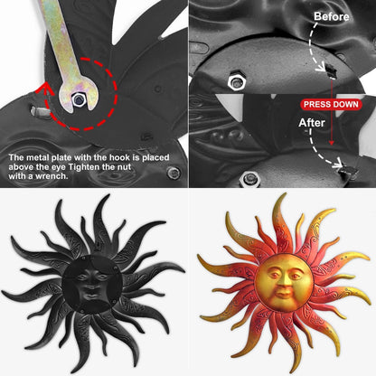 Large Metal Sun Wall Art Decor - 23.6 Inches Rustic Retro Hanging Decoration for Indoor Outdoor, Home Garden Farmhouse Yard Patio Fence Living Room Bedroom (Gold)