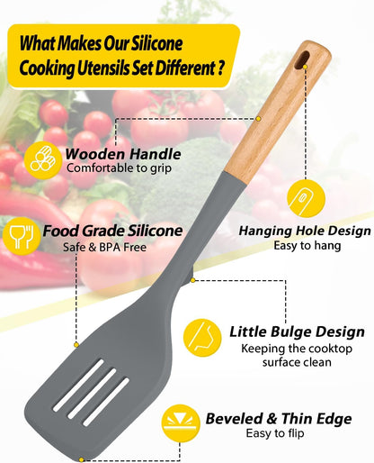 Silicone Kitchen Utensil Set for Non Stick Cookware, 7 Pcs Heat Resistant Cooking Utensils with Wooden Handle, BPA Free Kitchen Tools with Spatulas, Spoons, Skimmer and Pasta Fork (GRAY)
