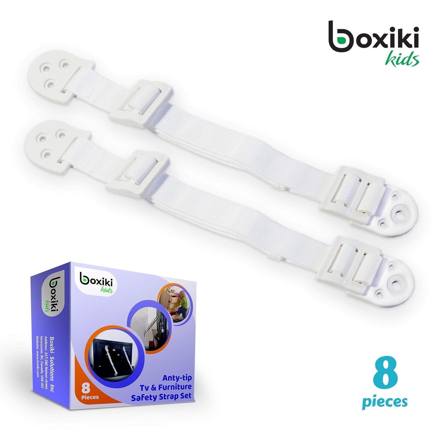 Boxiki Kids Adjustable Anti-Tip Furniture Anchors for Baby Proofing and Dresser Anchoring Kit. 8 PC Wall Anchors and Earthquake Straps. Baby Safety Kit and Home Safety Furniture Straps (White)