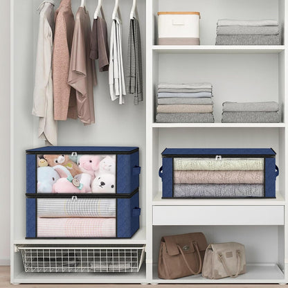 HomeHacks Storage 6-Pack Clothes Organizer Storage Bags Foldable Storage Box with Large Clear Window Sturdy Handles for Closet, Dorm, Pillows, Bedding, Clothes, Blankets, 35L, Blue