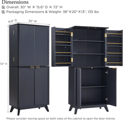 OKD Fluted Kitchen Pantry, 72" Tall Mid Century Modern Storage Cabinet with Adjustable Shelves & Door Organizer, Wood Cabinet for Kitchen, Living Room, Dark Grey