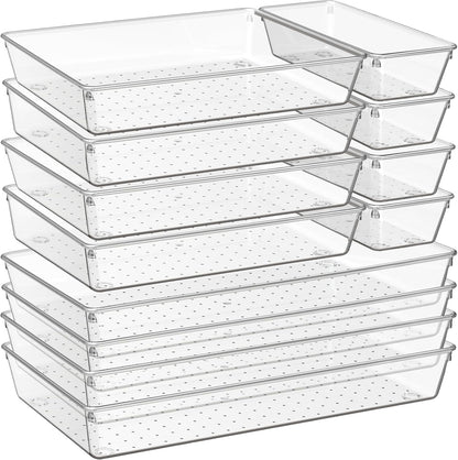 Criusia 12 Pack Large Clear Plastic Drawer Organizer Trays | MULTI-USE Acrylic Drawer Storage for Kitchen, Bathroom, Makeup, Office, School, Undies | College Dorm Room, Home Apartment Essentials