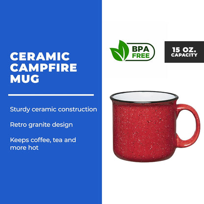 Set of 8 Ceramic Campfire Mugs – 15 Oz, Red – Coffee & Tea Cups for Home, Work, Travel, Camping – Customizable, Great for DIY, Events, Companies