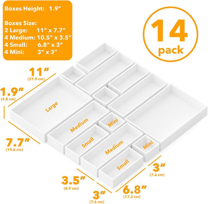 SpaceAid 14-Piece Bamboo Drawer Organizer Storage Boxes Set, Wood Tray Junk Drawer Organizers Multi-Use Divider Bins for Kitchen, Bathroom, Office Desk and Makeup Organization (14 Pack, White)