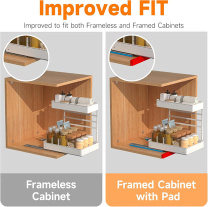 EVERIE Height Adjustable 2 Tier Metal Pull Out Slide Shelf Organizer for Framed or Frameless Under Sink Cabinets in Kitchen, Bathroom, with Snap-on Top Tray (White, 2 Sets)