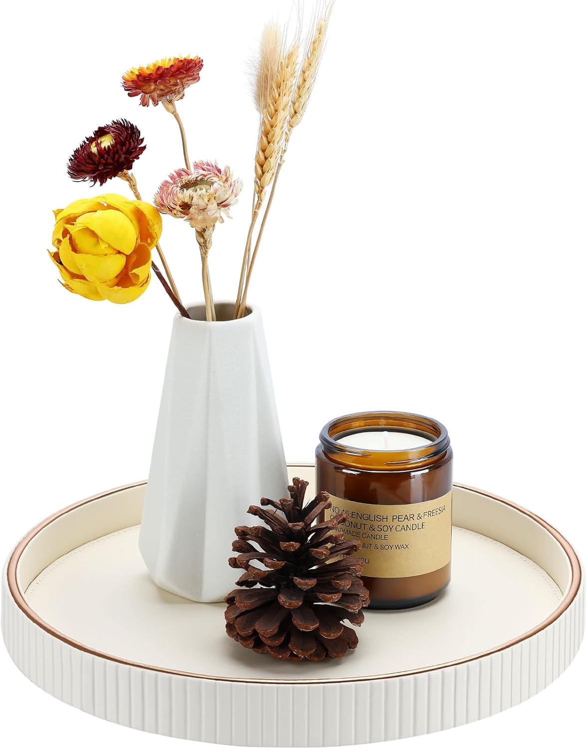 KINGFOM Decorative Serving Tray, PU Leather Valet Nightstand Desk Organizer for Men Women, Round Tray Decor for Coffee Table/Home Decor, Modern Decorative, Centerpiece (Ivory White)