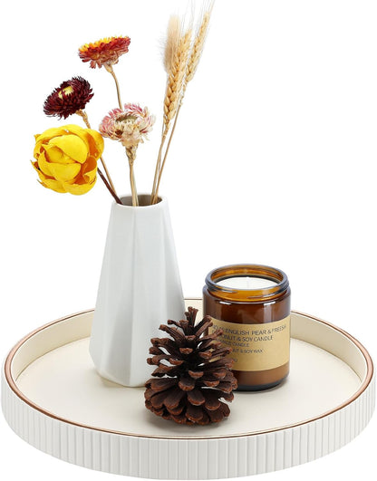 KINGFOM Decorative Serving Tray, PU Leather Valet Nightstand Desk Organizer for Men Women, Round Tray Decor for Coffee Table/Home Decor, Modern Decorative, Centerpiece (Ivory White)