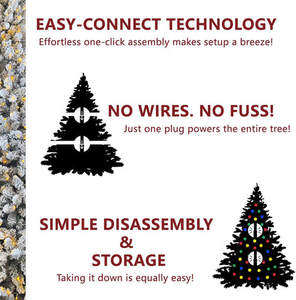 7.5ft Pre-lit Artificial Snow Flocked Christmas Tree with Quick Power Connect, 798 Warm White & Multi-Color LED Lights, and 1869 Branch Tips – Easy 3-Minute Setup Pencil Xmas Tree