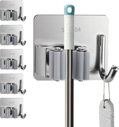 5 Pack Mop and Broom Holder Wall Mount, Silver Stainless Steel Mop and Broom Hanger with Hooks, Mop Broom Organizer for Closet Laundry Garage Garden Tool Organizer