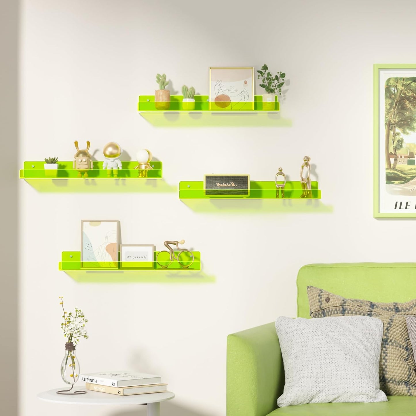 upsimples Acrylic Shelves for Wall Decor, 15" Display Shelf for Figure, Nail Polish, Wall Organizer for Bathroom, Bedroom, Living Room, Playroom, Kids Bookshelf, Clear Fluorescent Green, 4 Pack