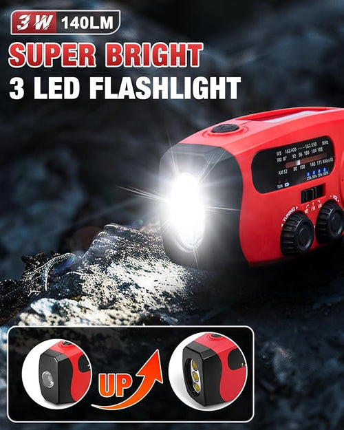 086S Hand Crank Emergency Radio - 2000mAh/7400mWh AM/FM/NOAA Solar Hand Crank Emergency Radio with 3 LED Flashlight, SOS Function for Emergencies, Camping - Red