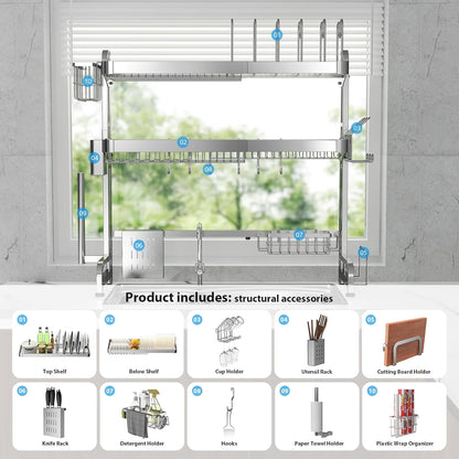 Over The Sink Dish Drainer Drying Rack, Full Stainless Steel 3-Tier Adjustable Length Over Sink Dish Drying Rack, Large Capacity Dish Rack Over Sink for Kitchen Counter, Pots & Pans Rack