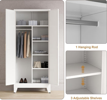 71'' Farmhouse Metal Wardrobe Cabinet with Hanging Rod, 2 Barn Door Wardrobe Closet with 5 Adjustable Shelves,Drawer,for Dining Room,Bedroom,Living Room, Cloak Room,Office (White)