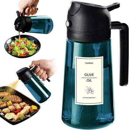 TrendPlain 16oz/470ml Blue Glass Olive Oil Sprayer for Cooking - 2 in 1 Olive Oil Dispenser for Kitchen Gadgets, Air Fryer, Salad, and BBQ - Black